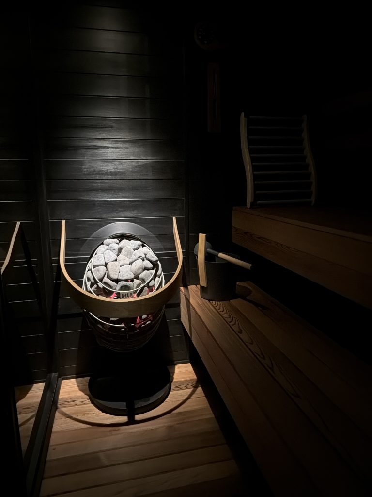 outdoor sauna with spot light for heater